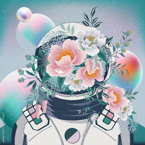 Vector illustration of the astronaut with floral decoration on the face on a background of planets. Design for picture frame, poster, brochure and science fiction