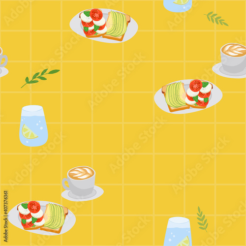 Healthy breakfast with avocado and tomatoes toasts next to cup of cappuccino and glass of water on yellow checkered background, seamless vector illustration.