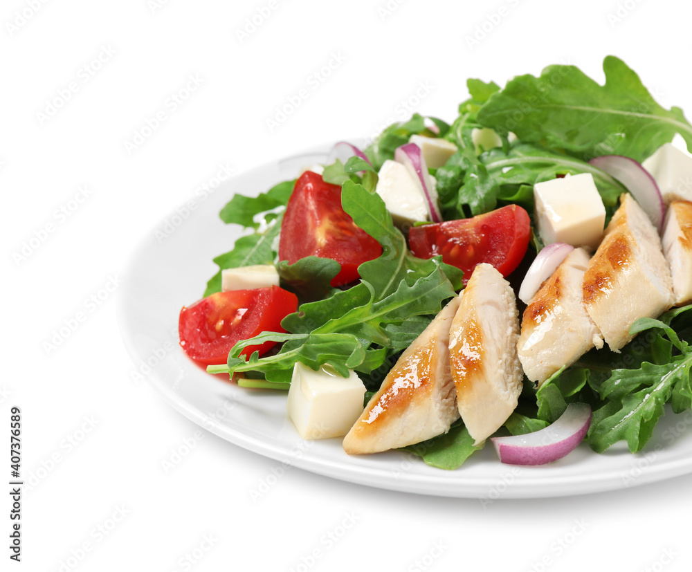 Delicious salad with meat, arugula and vegetables isolated on white Delicious salad with meat, arugula and vegetables isolated on white