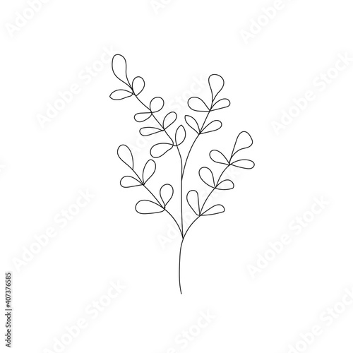 Leaves Branch Continuous One Line Drawing. Black Line Floral Sketch on White Background. Contour Leaves Illustration. Vector EPS 10.