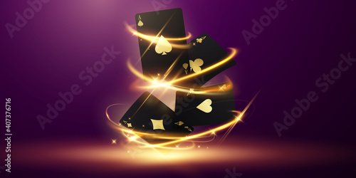 Playing card. Winning poker hand casino chips flying realistic tokens for gambling, cash for roulette or poker,