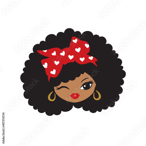 Vector illustration of a cute black girl with afro hair and red bow bandana.