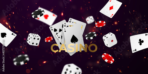 Playing card. Winning poker hand casino chips flying realistic tokens for gambling, cash for roulette or poker, photo