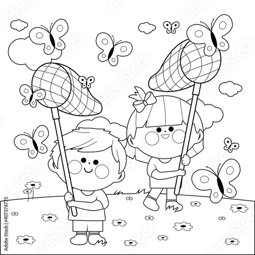 Children with butterfly nets catching butterflies. Vector black and white coloring page