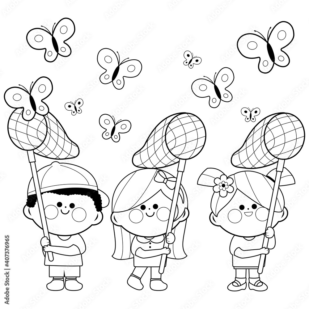 Children with butterfly nets catching butterflies. Vector black and white coloring page Children with butterfly nets catching butterflies. Vector black and white coloring page