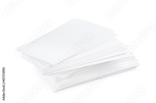 Stack of business cards on white background. Mockup for design