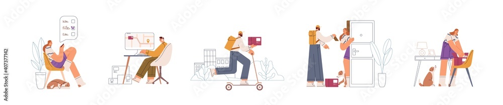 Process of online order and delivery by steps. People choosing, confirming, delivering, getting and unpacking purchase. Stages of e-commerce service. Flat vector illustration isolated on white