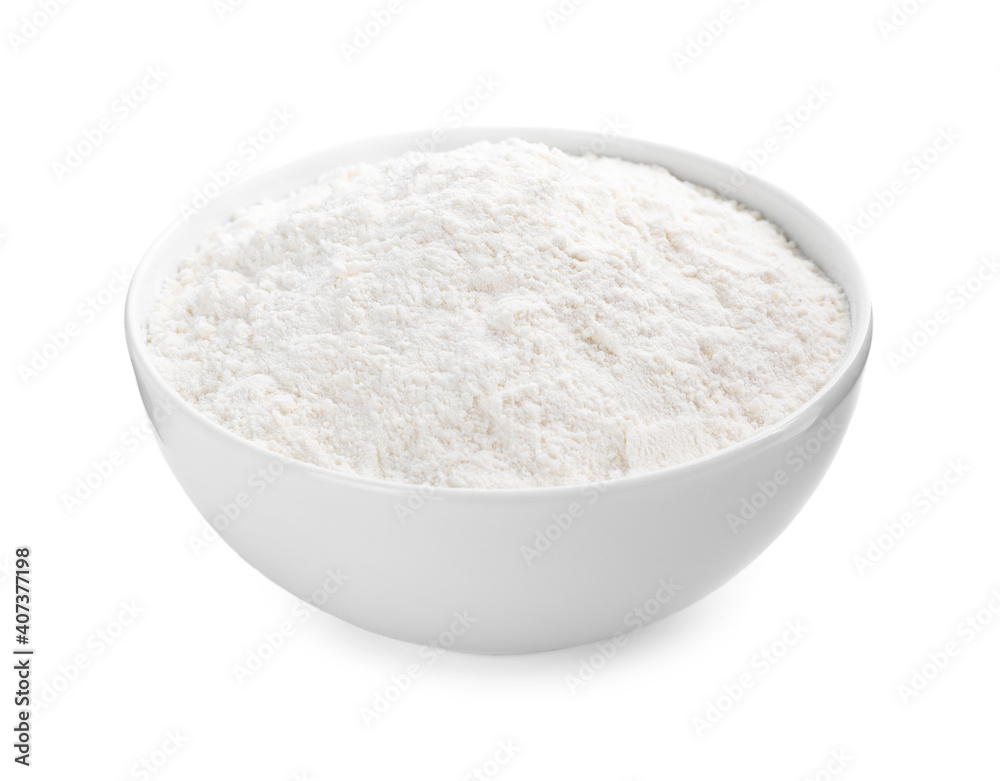 Organic flour in ceramic bowl isolated on white.