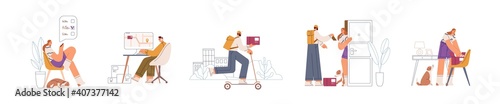 Process of online order and delivery by steps. People choosing, confirming, delivering, getting and unpacking purchase. Stages of e-commerce service. Flat vector illustration isolated on white