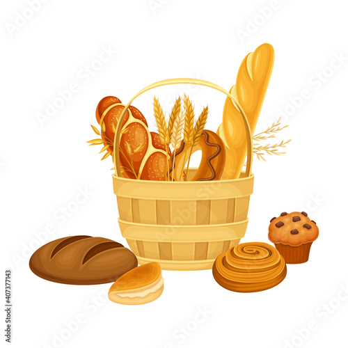 Wicker Basket Full with Bread and Sweet Pastry Vector Composition