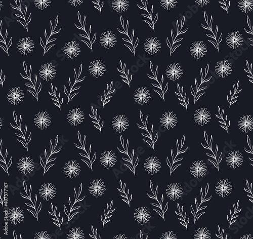 Seamless spring pattern with flowers chamomile, leaves isolated on dark background. Vector illustration for tile, wrapping paper, fabric, web, party, event, wallpaper, wedding, textile, weave.