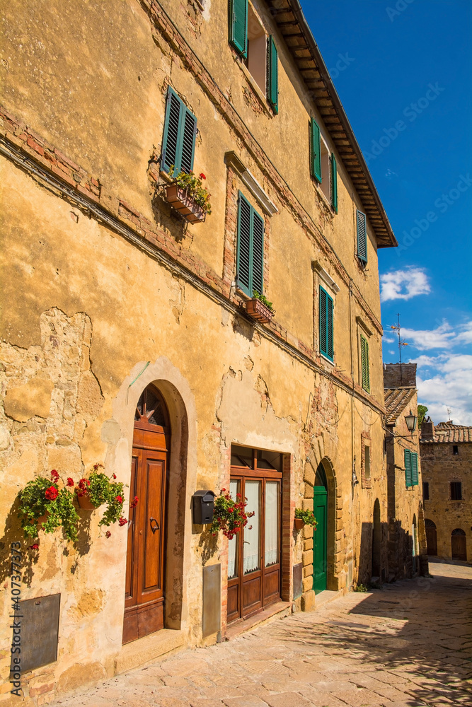 Residential buildings in the historic centre of the medieval town of Monticchiello near Pienza in Siena Province, Tuscany, Italy
