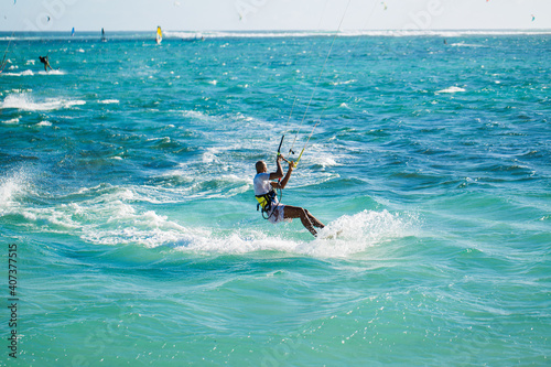Kitesurfers on the Le Morne beach in Mauritius