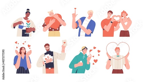 Set of people giving and sharing love, donating. Concept of assistance, care, philanthropy and support. Men and women holding hearts. Colored flat vector illustration isolated on white background
