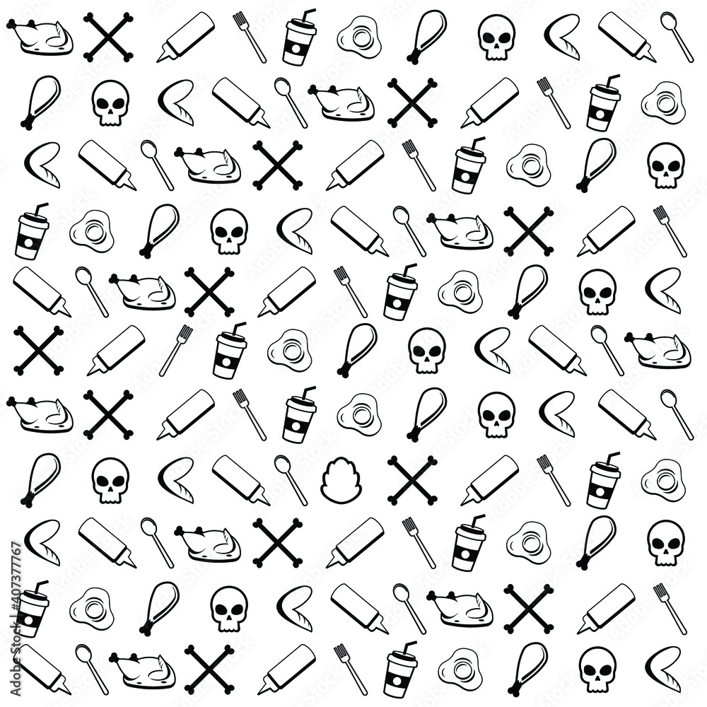 Fried Chicken Wrap, Skull pattern background in flat designs Fried Chicken Wrap, Skull pattern background in flat designs