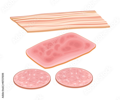Slice of Wurst and Bacon as Breakfast Ingredients Vector Illustration