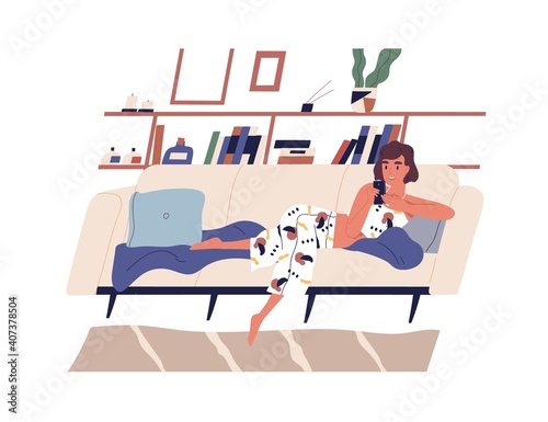 Young woman spending time with smartphone surfing internet and lying on sofa at home. Female character chatting or communicating by phone on couch. Flat vector illustration isolated on white