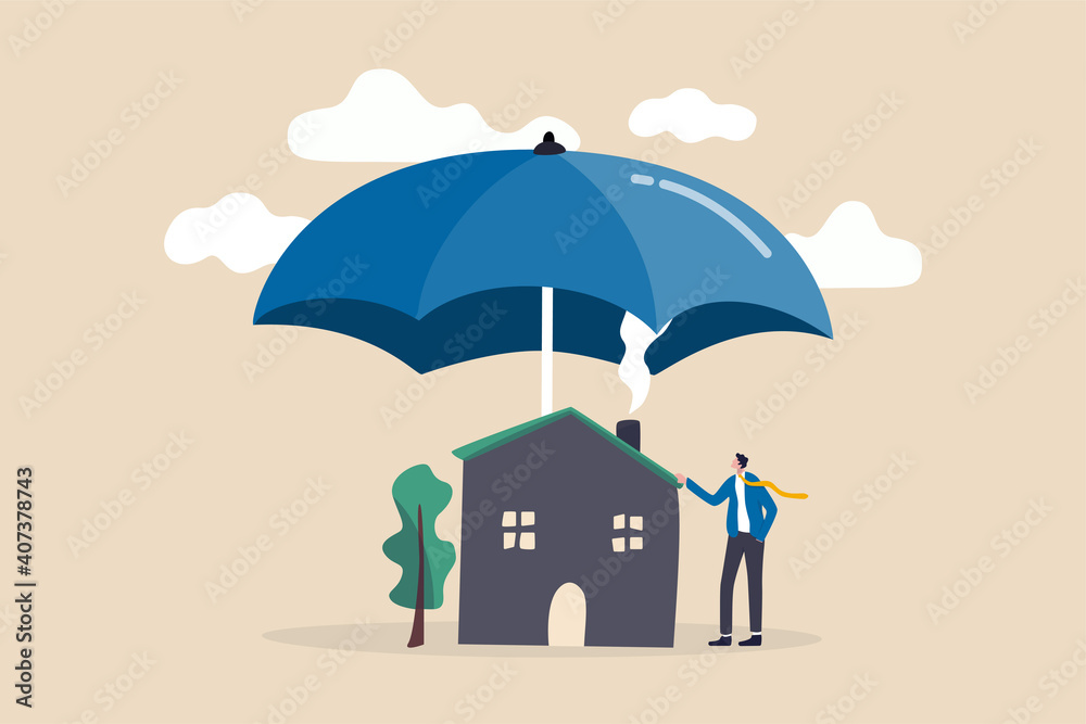 House insurance, home disaster insure coverage or safety or shield for residential building concept, young man house owner with his house under strong cover umbrella.