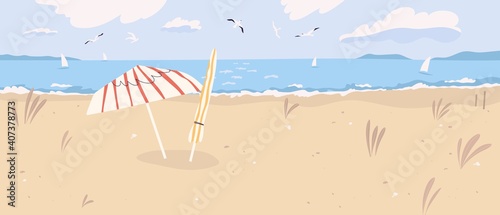 Deserted sandy beach landscape. Summertime scenery of desert sea shore with umbrellas, seagulls in cloudy sky and sailboats on horizon. Flat vector illustration