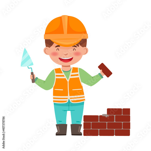 Little Boy Builder Wearing Hard Hat Doing Mason Work Vector Illustration