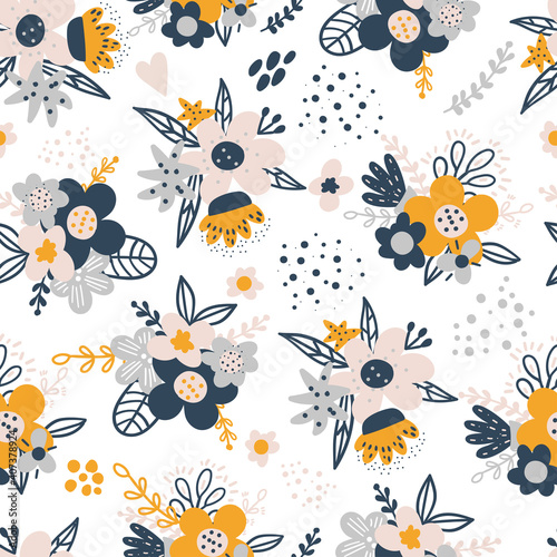 Seamless pattern with creative decorative flowers in scandinavian style. Great for fabric, textile. Vector background