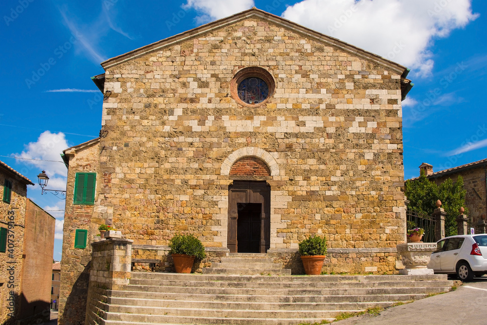 Parish Church in the centre of Monticiano in Siena Province, Tuscany, Italy. The church is know as Parrocchia e Chiesa di Santi Giusto e Clemente - Church of Saints Justus and Clements