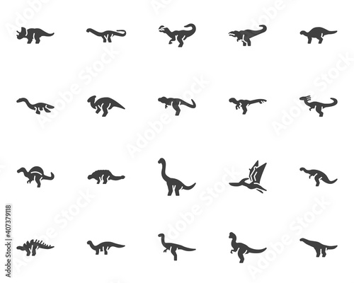 Dinosaur vector icons set, modern solid symbol collection, filled style pictogram pack. Signs, logo illustration. Set includes icons as triceratops dinosaur, tyrannosaurus, spinosaurus, pteranodon