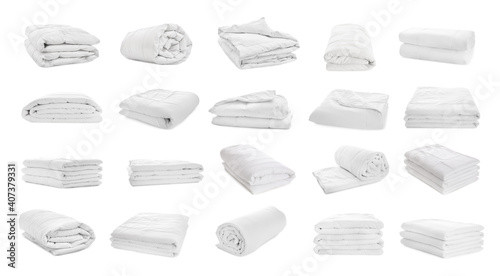Set of clean blankets isolated on white