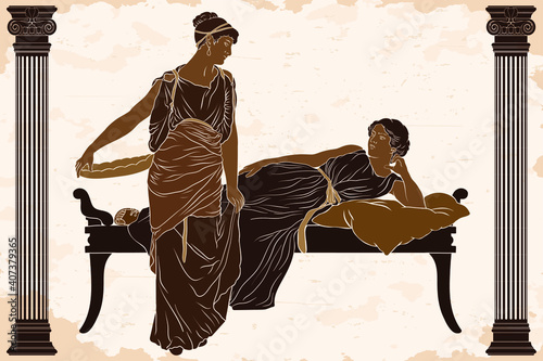 Two ancient Greek women in tunics chat in the bedroom. Figures isolated on white background.