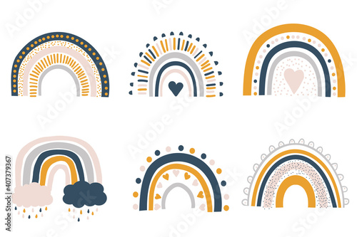 Set of cute colorful rainbows and clouds, fun cartoon icons design vector illustration for nursery prints, baby clothing, room decoration.