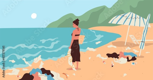 Young woman at dirty sea coast full of garbage. Marine summer scenery with plastic trash and rubbish. Contaminated environment and ecological problems concept. Flat vector illustration