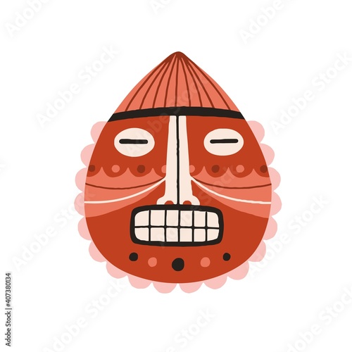 Funny ancient african tribal mask with closed eyes showing teeth in anger. Dreaded ethnic ritual symbol or souvenir isolated on white background. Hand-drawn flat vector illustration