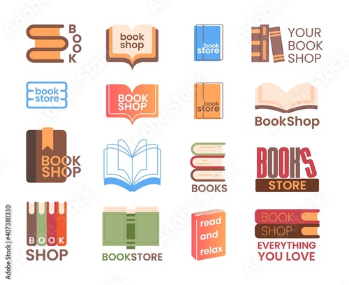 Book shop and bookstore logotype set. Education, library or publisher logo, online bookstore service or application icon with paper book stack vector illustration isolated on white background
