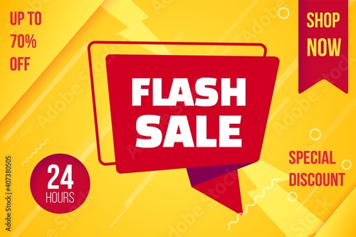 Flash sale banner layout promotion online shopping material. Poster invite to shop now with limited in time special discount up to 70 percent clearance only one day 24 hour vector illustration photo
