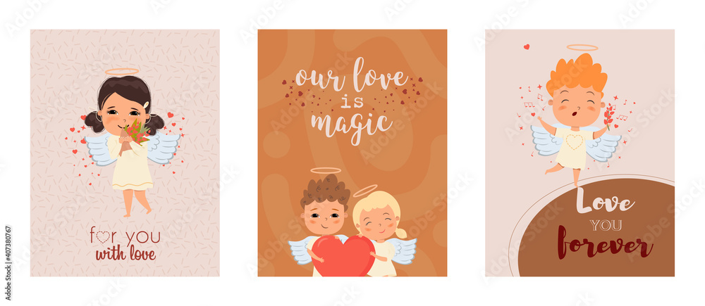 Set of Valentine's day greeting cards vector flat illustration. Postcards decorated with handwritten quote, cupid, angels cartoon characters and tiny hearts. Romantic lettering about love. 14 february Set of Valentine's day greeting cards vector flat illustration. Postcards decorated with handwritten quote, cupid, angels cartoon characters and tiny hearts. Romantic lettering about love. 14 february