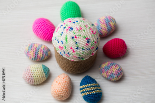 Knitted Easter eggs, chicken, rooster.