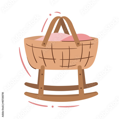 Baby cradle basket, rocking bassinet on runners - isolated vector illustration. Cute doodle for baby room and nursery design, baby shower invitation or infant health center