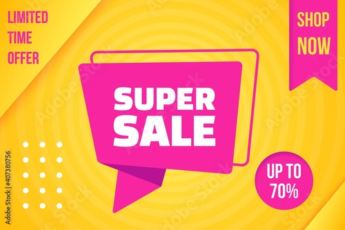 Advertising promo banner with limited time super sale offer. Exclusive clearance promotion to shop now with wholesale, price rebate and discount abstract advertisement message vector illustration