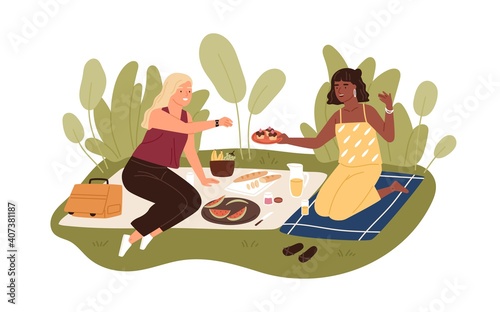 Happy female friends relaxing on picnic blanket in summer. Two women spending leisure time together outdoors. People enjoying food at summertime in nature. Flat vector illustration isolated on white