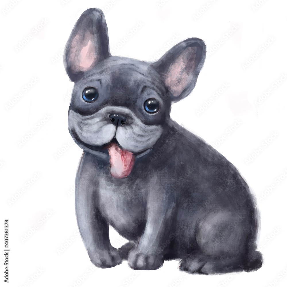 french bulldog smiling, funny illustration with cute cartoon character