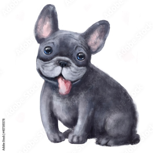french bulldog smiling, funny illustration with cute cartoon character