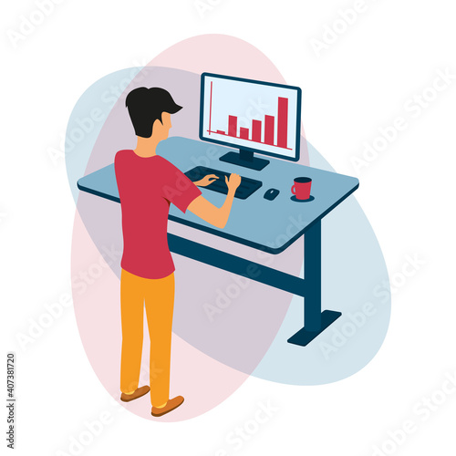 A man works at a computer while standing. Stand-up work
