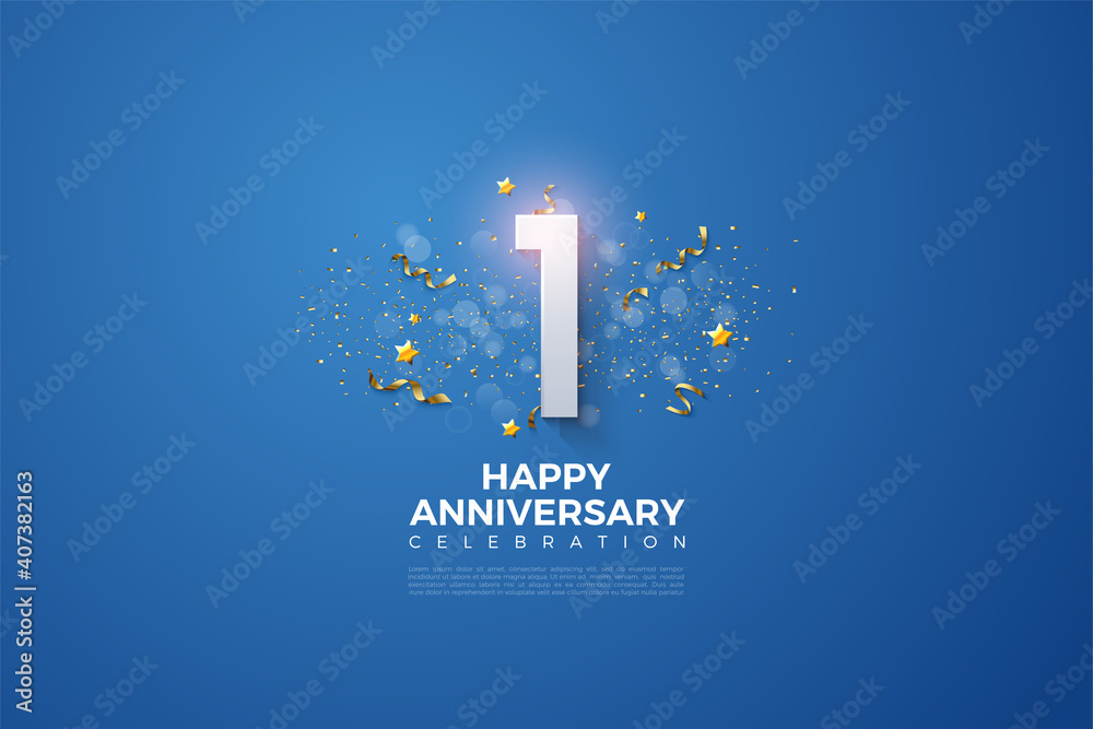 1st anniversary with numbers and festive party on navy blue background. - obrazy, fototapety, plakaty 