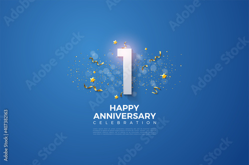 Fototapete 1st anniversary with numbers and festive party on navy blue background