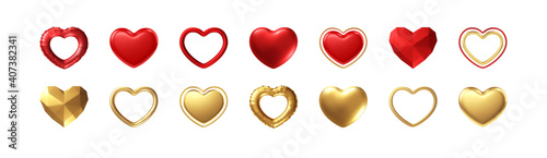 Big Valentines Day Set of different realistic gold, red hearts isolated on white background. Happy Valentines Day elements for design poster, postcard, flyer. Vector illustration