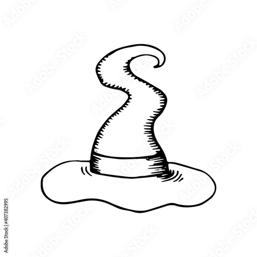 Magic pointed wizard hat. Clothes Halloween party witch costume. Hand drawn black doodle sketch outline tattoo engraving. Stock vector illustration isolated on white background.