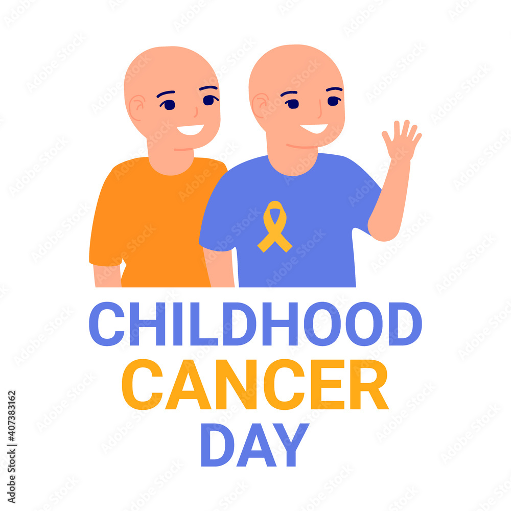 International Childhood Cancer Day poster. Help and support for children with cancer. Yellow ribbon as hope of victory for children with cancer. Vector
