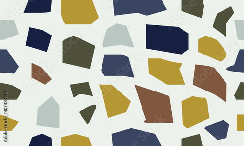 Terrazzo seamless patterns with colorful rock fragments. Set of backdrops with stone pieces or sprinkles. Bundle of rock textures. Vector illustration for wrapping paper, textile print.	
