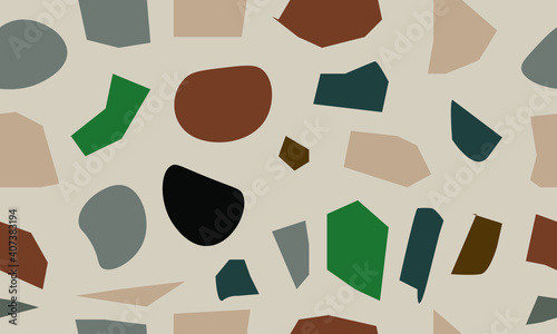 Terrazzo seamless patterns with colorful rock fragments. Set of backdrops with stone pieces or sprinkles. Bundle of rock textures. Vector illustration for wrapping paper, textile print.	
