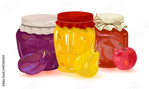 Collection of sweet dessert canned in glass jars. Vector apple, pear and plum confiture, syrup with fruit pieces, vitamin and snack design isolated on white background